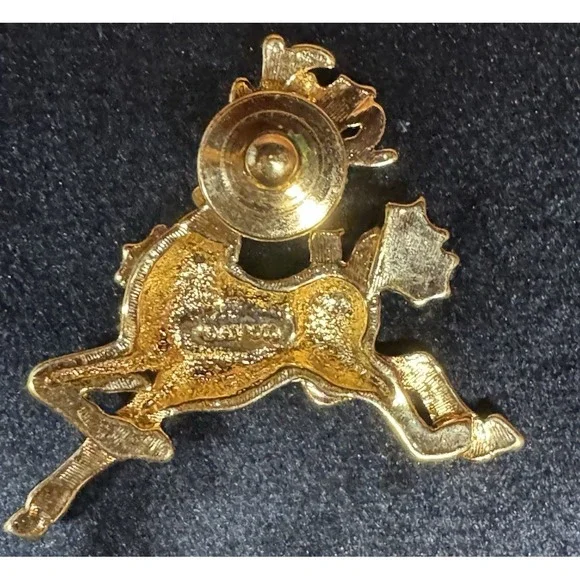 Vintage Gold Tone Reindeer Brooch Red Rhinestone Green Enamel Christmas Avon Pin - Picture 3 of 9